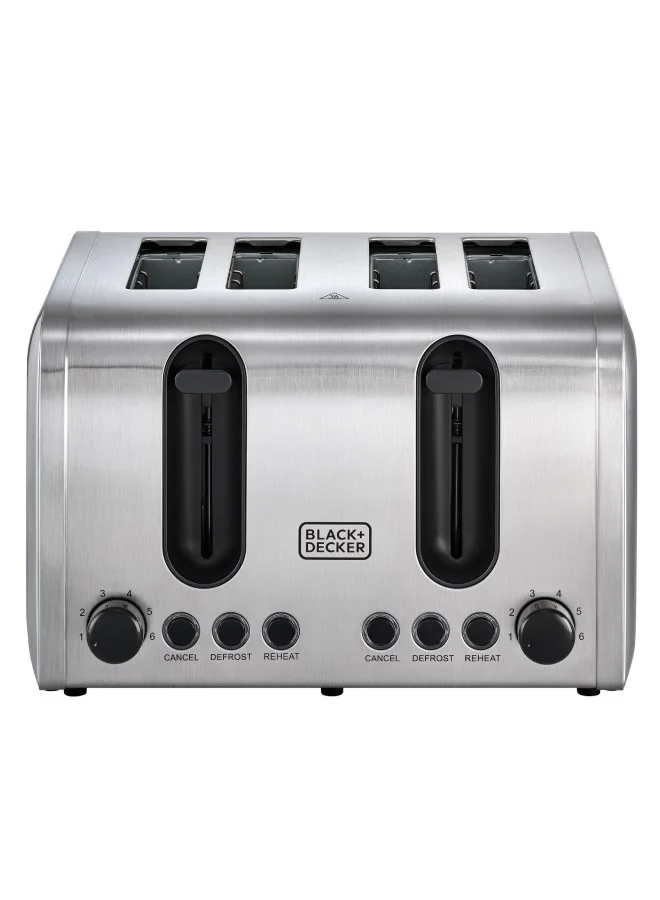 BLACK+DECKER 4-Slice Toaster, Double-Sided Heating, 6 Browning Levels, Defrost, Reheat, Cancel Functions, Extra-Wide Slots, Dual Browning Control, Removable Crumb Tray, 2100 W ET444-B5 Silver