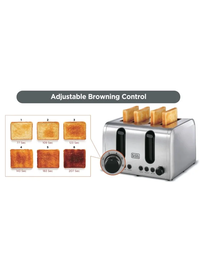 BLACK+DECKER 4-Slice Toaster, Double-Sided Heating, 6 Browning Levels, Defrost, Reheat, Cancel Functions, Extra-Wide Slots, Dual Browning Control, Removable Crumb Tray, 2100 W ET444-B5 Silver