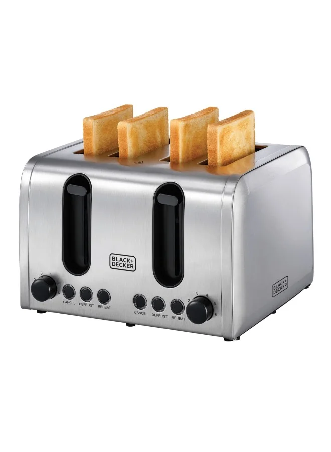 BLACK+DECKER 4-Slice Toaster, Double-Sided Heating, 6 Browning Levels, Defrost, Reheat, Cancel Functions, Extra-Wide Slots, Dual Browning Control, Removable Crumb Tray, 2100 W ET444-B5 Silver