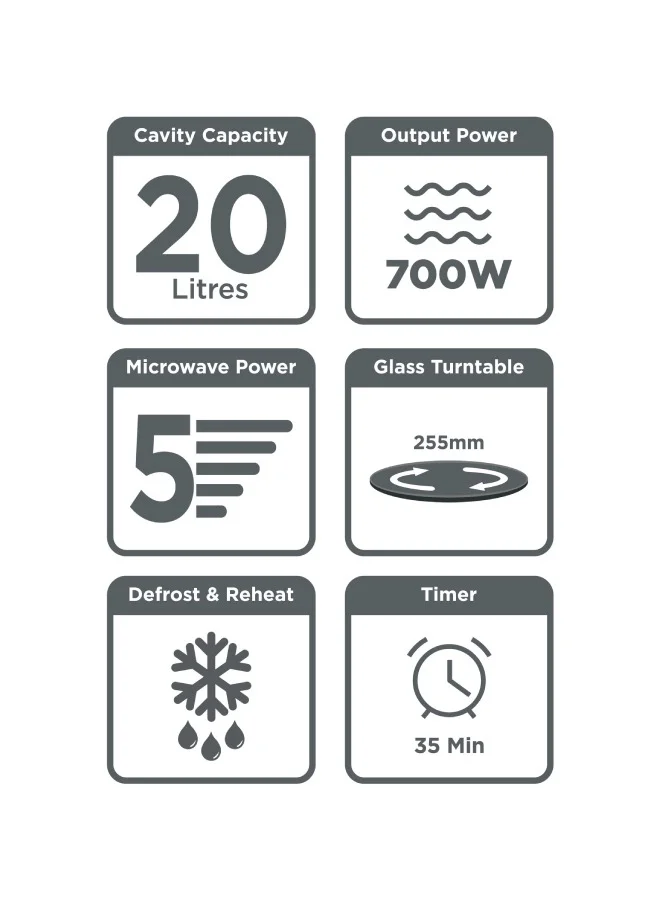 BLACK+DECKER Microwave Oven, 20L, 700W, 5 Power Levels, Defrost Function, 35-Min Timer, 255mm Glass Turntable for Even Cooking, Easy-Clean Cavity, Stylish Chrome Knobs 20 L 700 W MZ2005P-B5 Black