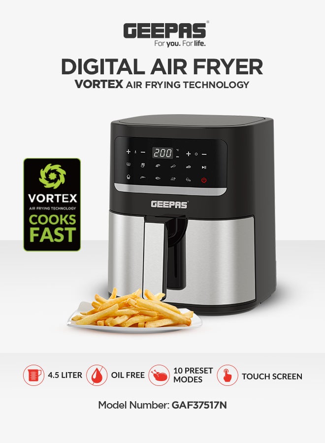 GEEPAS Digital Air Fryer With Vortx Air Frying Technology Oil-Free Cooking 4.5 L 1600 W GAF37517N Black/Silver 