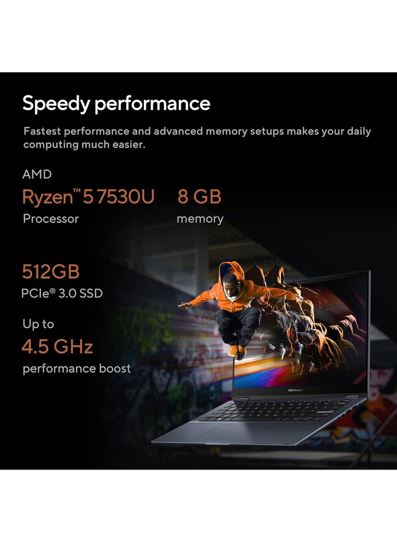 أسوس كمبيوتر محمول Vivobook S 14 Flip 2 في 1 قابل للتحويل (2023) بشاشة مقاس 14 بوصة، ومعالج AMD Ryzen 5-7530U/ذاكرة وصول عشوائي سعتها 8 جيجابايت/محرك أقراص SSD سعة 512 جيجابايت/بطاقة رسومات AMD Radeon مشتركة/نظام التشغيل Windows 11 Pro - Image 3