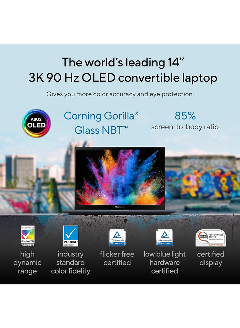 أسوس - كمبيوتر محمول Vivobook S 14 Flip OLED 2 في 1 قابل للتحويل (2023) بشاشة مقاس 14 بوصة، ومعالج Core i7-13700H/ذاكرة وصول عشوائي سعة 16 جيجابايت/محرك أقراص SSD سعة 512 جيجابايت//بطاقة رسومات Intel Iris Xe/نظام التشغيل Windows 11 Home - Image 1