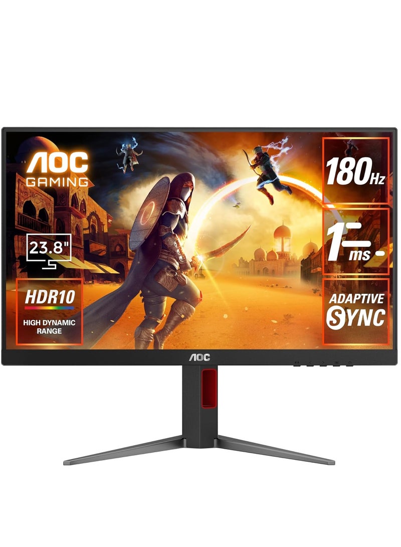 AOC 24G4 24 (IPS) Gaming Monitor, FHD 1920×1080 Display,180Hz, 1ms(GtG), HDR10, HDMI 2.0 x 1, DisplayPort 1.4 x 1, Adaptive Sync, 16.7 M Display Colors & Adjustable Stand Black & Red  - Image 1
