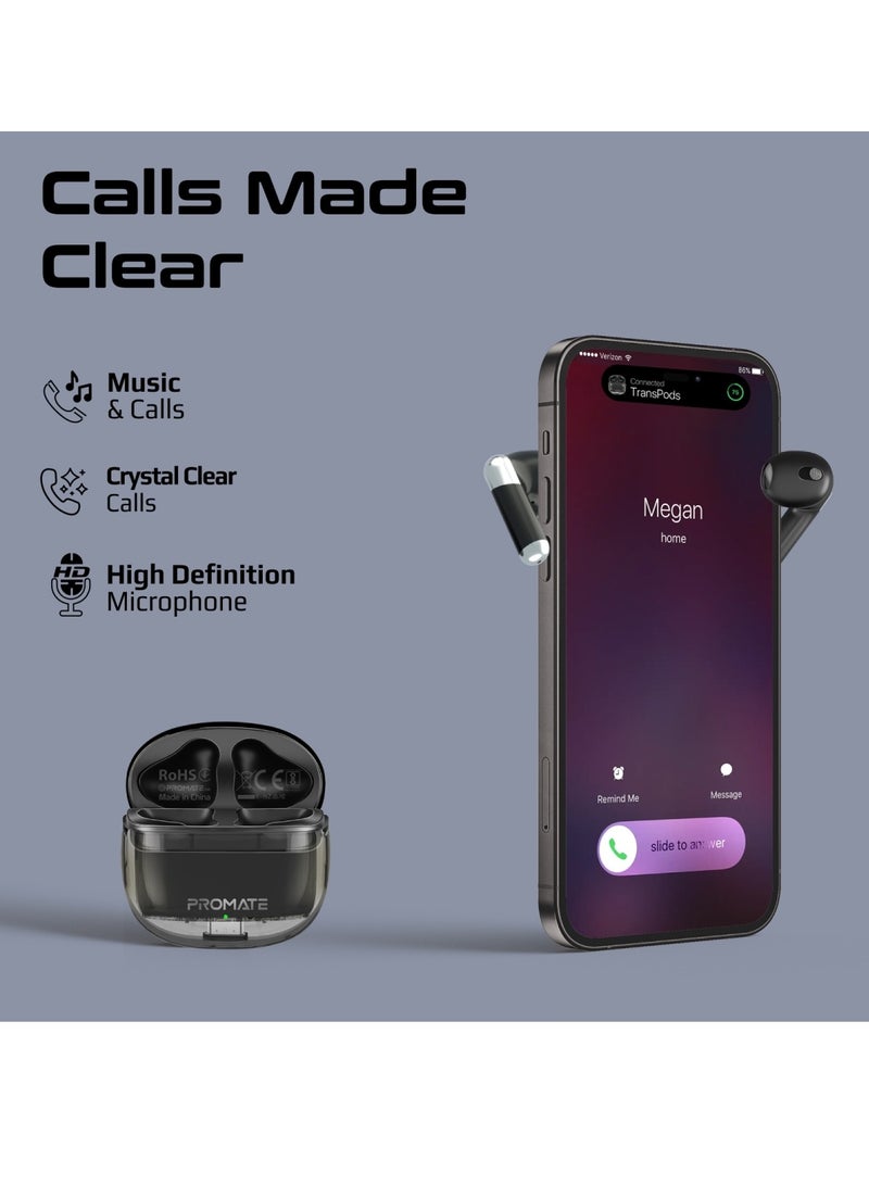 PROMATE - Earbuds, In-ear True Wireless Bluetooth V5.3 Earphones With Transparent Case, 26-hour Playback Time, Intelligent Touch Controls And 350Mah Battery Capacity For Smartphones, Transpods Black - Image 1