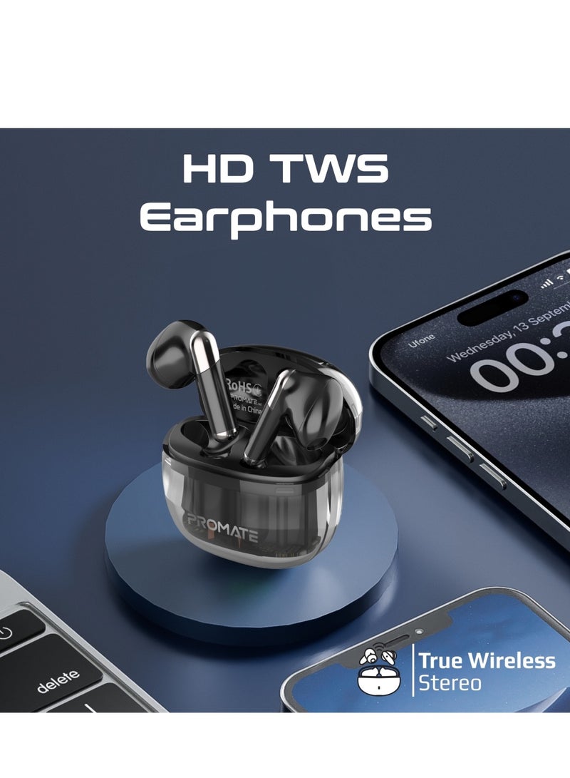 PROMATE - Earbuds, In-ear True Wireless Bluetooth V5.3 Earphones With Transparent Case, 26-hour Playback Time, Intelligent Touch Controls And 350Mah Battery Capacity For Smartphones, Transpods Black - Image 1