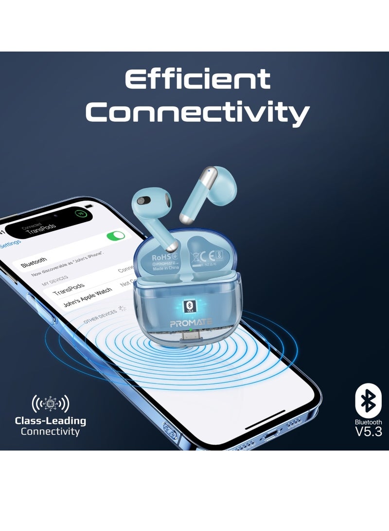 PROMATE - Earbuds, In-ear True Wireless Bluetooth V5.3 Earphones With Transparent Case, 26-hour Playback Time, Intelligent Touch Controls And 350Mah Battery Capacity For Smartphones, Transpods Blue - Image 1