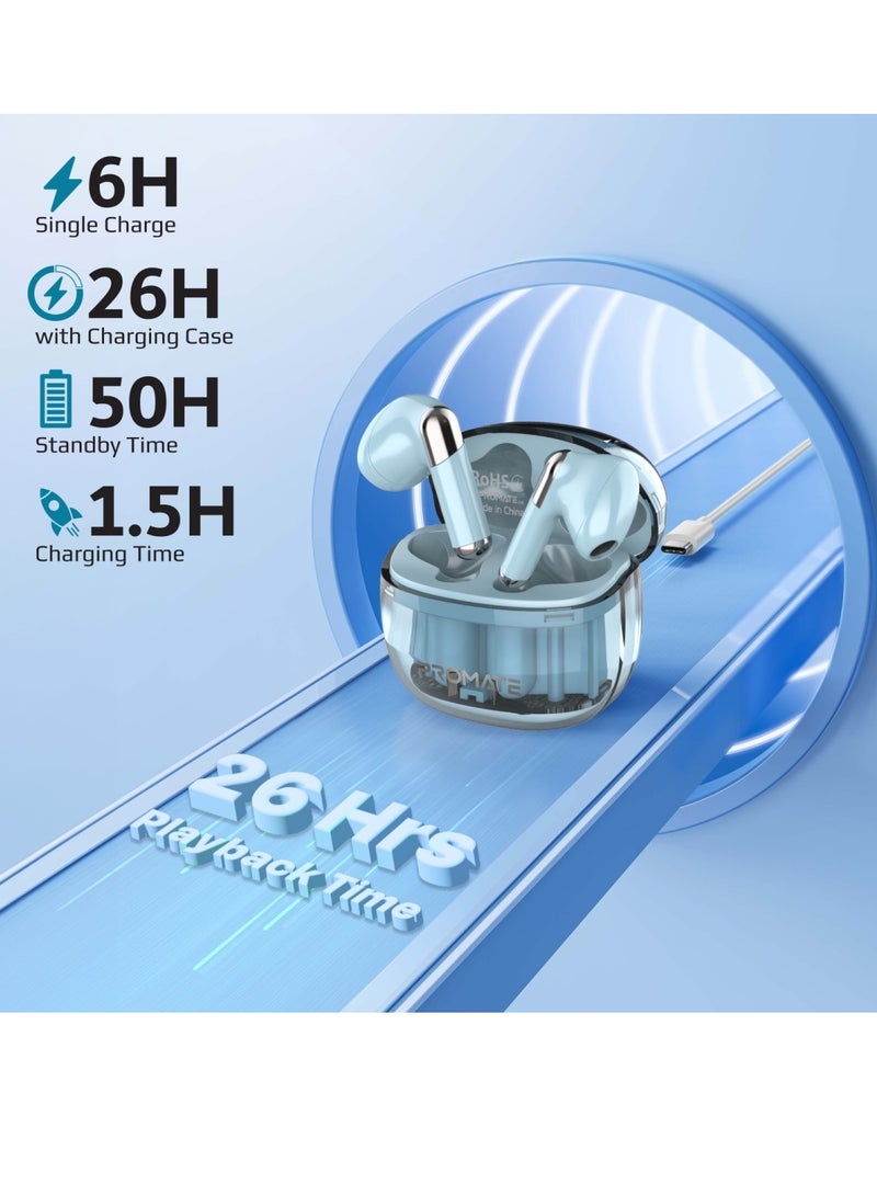 PROMATE - Earbuds, In-ear True Wireless Bluetooth V5.3 Earphones With Transparent Case, 26-hour Playback Time, Intelligent Touch Controls And 350Mah Battery Capacity For Smartphones, Transpods Blue - Image 1