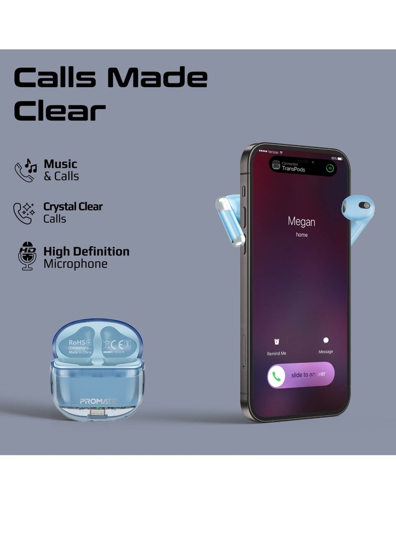 PROMATE - Earbuds, In-ear True Wireless Bluetooth V5.3 Earphones With Transparent Case, 26-hour Playback Time, Intelligent Touch Controls And 350Mah Battery Capacity For Smartphones, Transpods Blue - Image 1