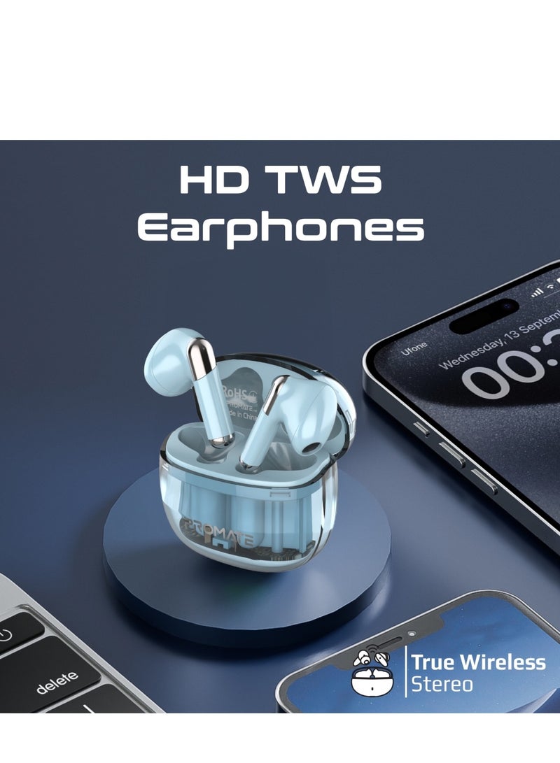 PROMATE - Earbuds, In-ear True Wireless Bluetooth V5.3 Earphones With Transparent Case, 26-hour Playback Time, Intelligent Touch Controls And 350Mah Battery Capacity For Smartphones, Transpods Blue - Image 1