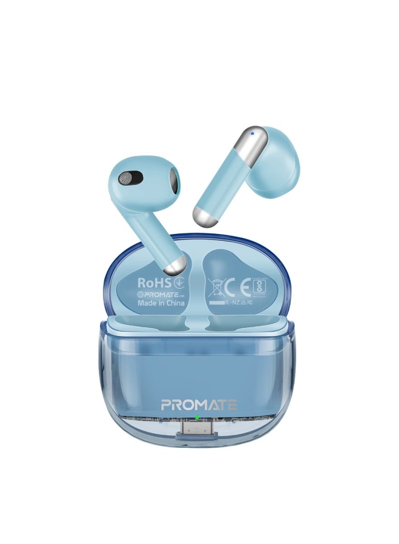 PROMATE - Earbuds, In-ear True Wireless Bluetooth V5.3 Earphones With Transparent Case, 26-hour Playback Time, Intelligent Touch Controls And 350Mah Battery Capacity For Smartphones, Transpods Blue - Image 1