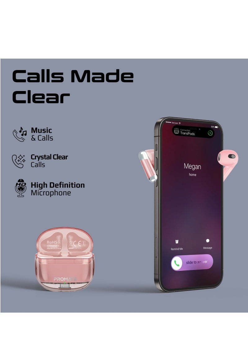 PROMATE - Earbuds, In-ear True Wireless Bluetooth V5.3 Earphones With Transparent Case, 26-hour Playback Time, Intelligent Touch Controls And 350Mah Battery Capacity For Smartphones, Transpods Pink - Image 1