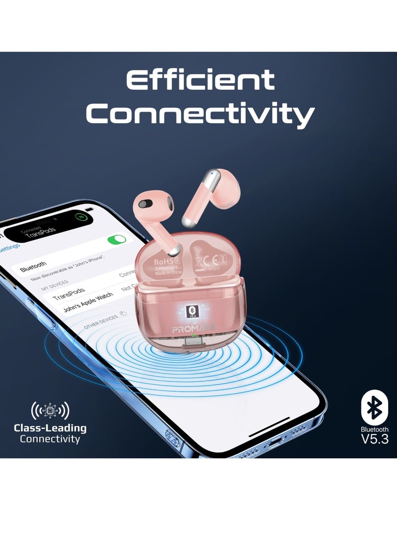 PROMATE - Earbuds, In-ear True Wireless Bluetooth V5.3 Earphones With Transparent Case, 26-hour Playback Time, Intelligent Touch Controls And 350Mah Battery Capacity For Smartphones, Transpods Pink - Image 1