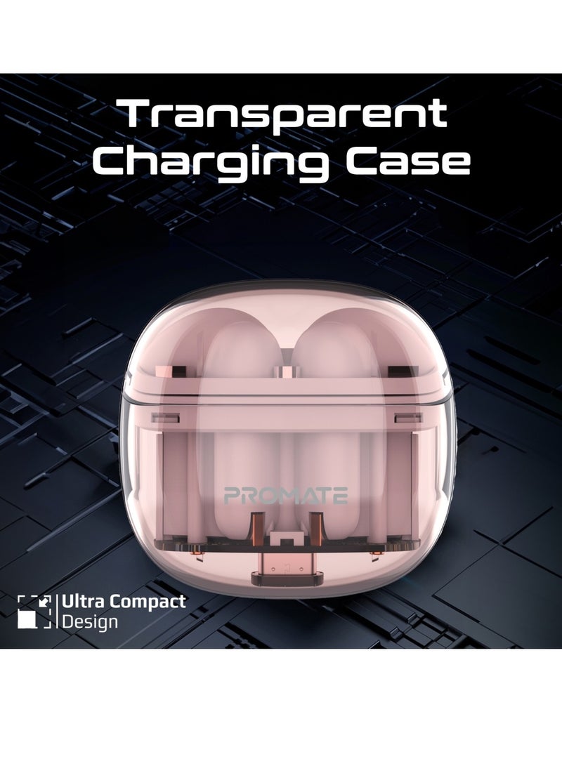 PROMATE - Earbuds, In-ear True Wireless Bluetooth V5.3 Earphones With Transparent Case, 26-hour Playback Time, Intelligent Touch Controls And 350Mah Battery Capacity For Smartphones, Transpods Pink - Image 1