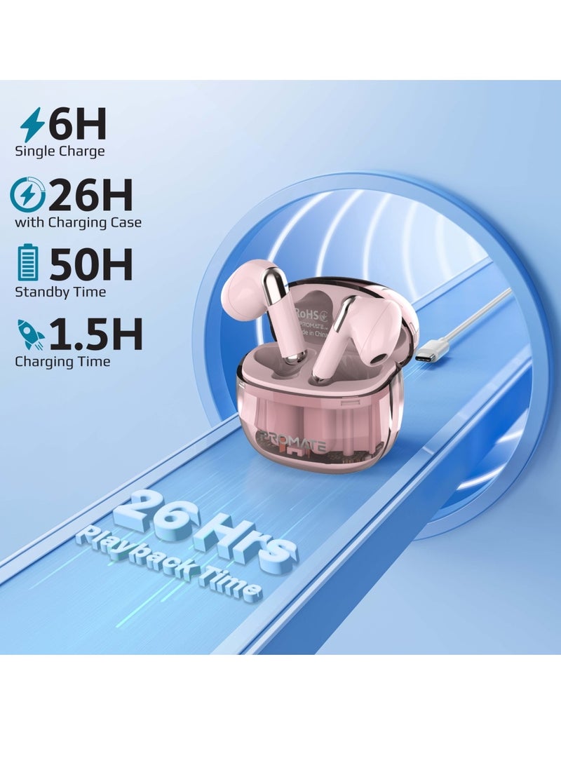 PROMATE - Earbuds, In-ear True Wireless Bluetooth V5.3 Earphones With Transparent Case, 26-hour Playback Time, Intelligent Touch Controls And 350Mah Battery Capacity For Smartphones, Transpods Pink - Image 1