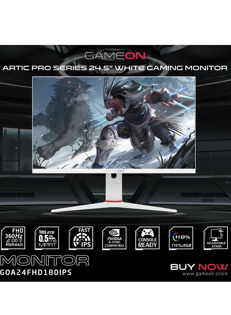 جايم أون - شاشة ألعاب GOA24FHD360IPS Artic Pro Series 24 بوصة FHD، IPS سريع 360 هرتز، شاشة E-LED MPRT 0.5 مللي ثانية، HDMI 2.1، حامل VESA، مزامنة G-Sync مع عناصر RBG (يدعم PS5) أبيض - Image 1