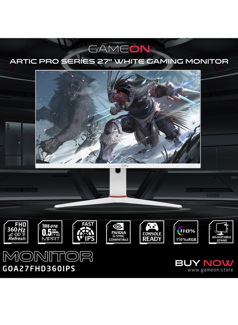 جايم أون - GOA27FHD360IPS Artic Pro Series 27 بوصة، شاشة IPS سريعة للألعاب مع إضاءة خلفية RGB - FHD 360 هرتز، 0.5 مللي ثانية، HDMI 2.1، حامل MPRT VESA، متوافق مع Adaptive-Sync G-Sync (يدعم PS5) أبيض - Image 1