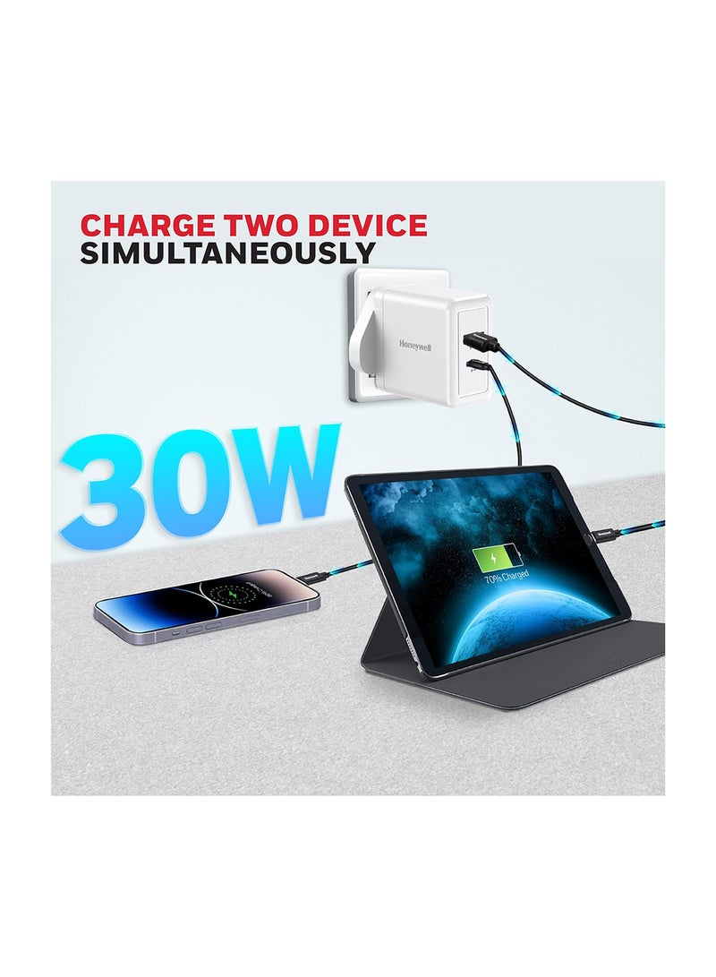 Honeywell 30W Ultrafast Charger With Usbc And Usb Charger For Iphone 16/15/14/13/12/11 Ipad Google Pixel Samsung Galaxy And Oneplus 3 Yrs Manufacturer Warranty White White - Image 3