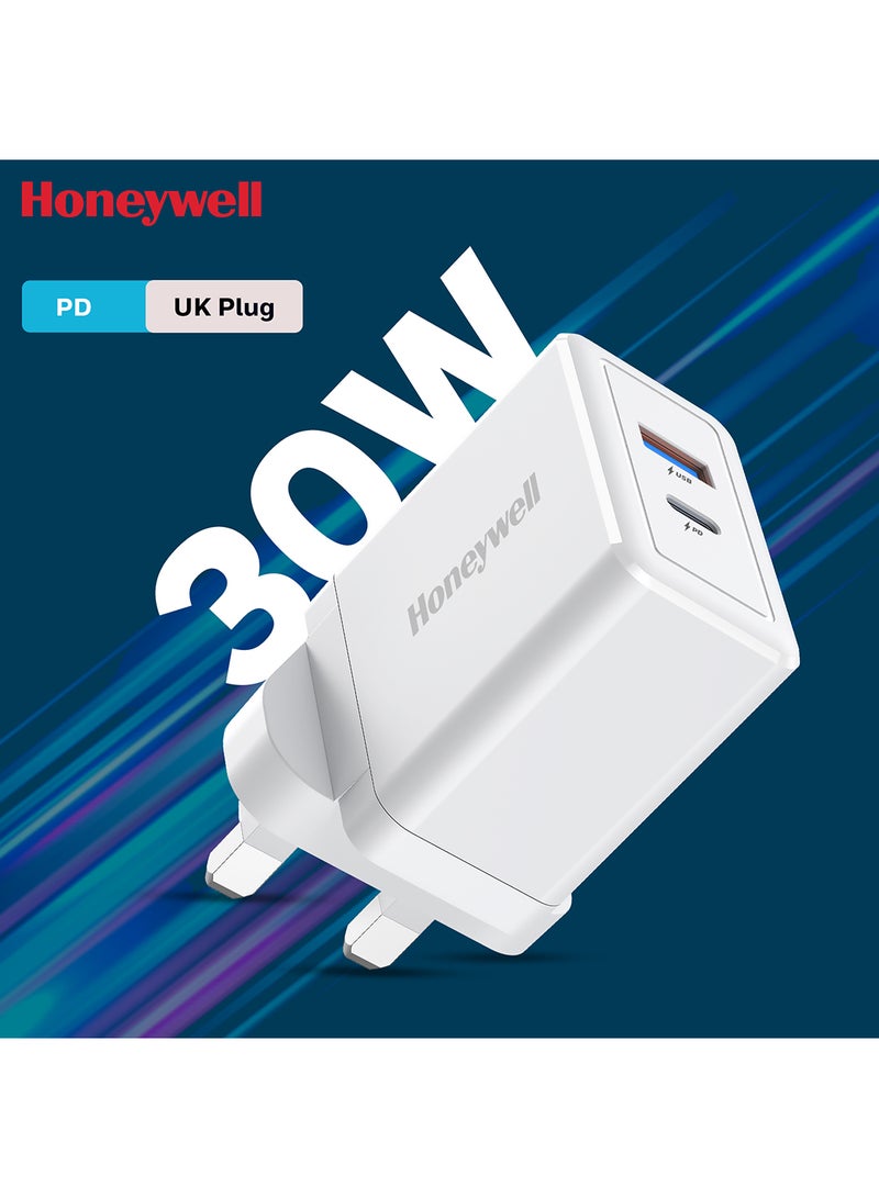 Honeywell 30W Ultrafast Charger With Usbc And Usb Charger For Iphone 16/15/14/13/12/11 Ipad Google Pixel Samsung Galaxy And Oneplus 3 Yrs Manufacturer Warranty White White - Image 1