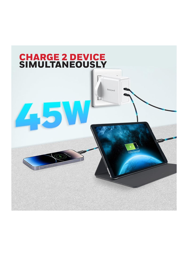 Honeywell Gan 45W Ultrafast Charger With Dual Usbc For Iphone 16/15/14/13/12/11 Ipad Google Pixel Samsung Galaxy And Oneplus 3 Yrs Manufacturer Warranty White White - Image 3
