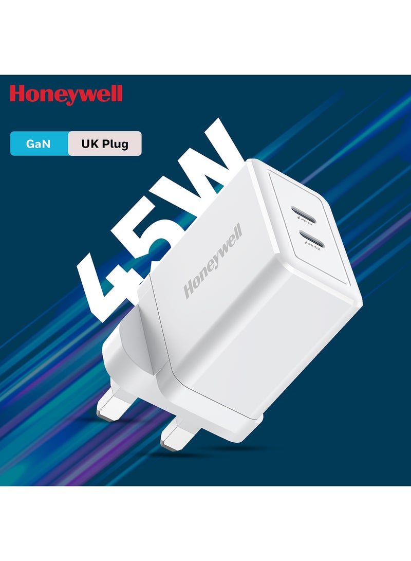Honeywell Gan 45W Ultrafast Charger With Dual Usbc For Iphone 16/15/14/13/12/11 Ipad Google Pixel Samsung Galaxy And Oneplus 3 Yrs Manufacturer Warranty White White - Image 1