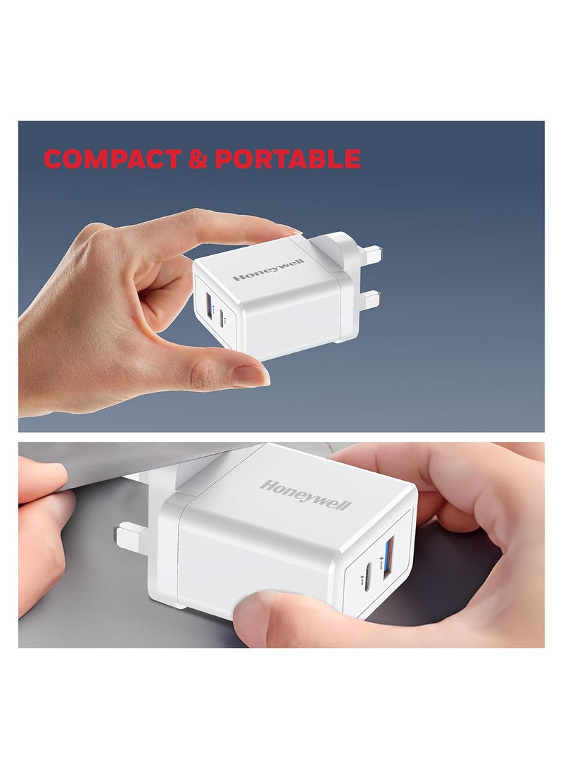 Honeywell - GaN 65W Ultra-Fast Laptop Charger With USB-C And USB A Ports For Laptop, Dell, HP, Macbook, Oneplus, iPhone 16/15/14, Google Pixel And Samsung Galaxy, 3 Yrs Manufacturer Warranty White - Image 1