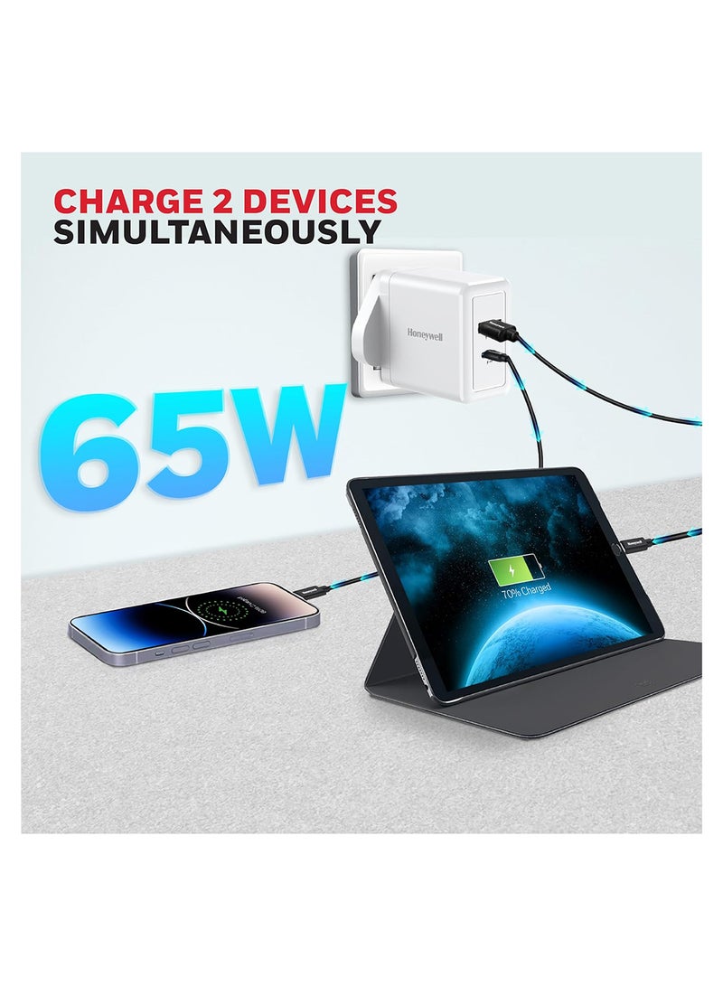 Honeywell - GaN 65W Ultra-Fast Laptop Charger With USB-C And USB A Ports For Laptop, Dell, HP, Macbook, Oneplus, iPhone 16/15/14, Google Pixel And Samsung Galaxy, 3 Yrs Manufacturer Warranty White - Image 1