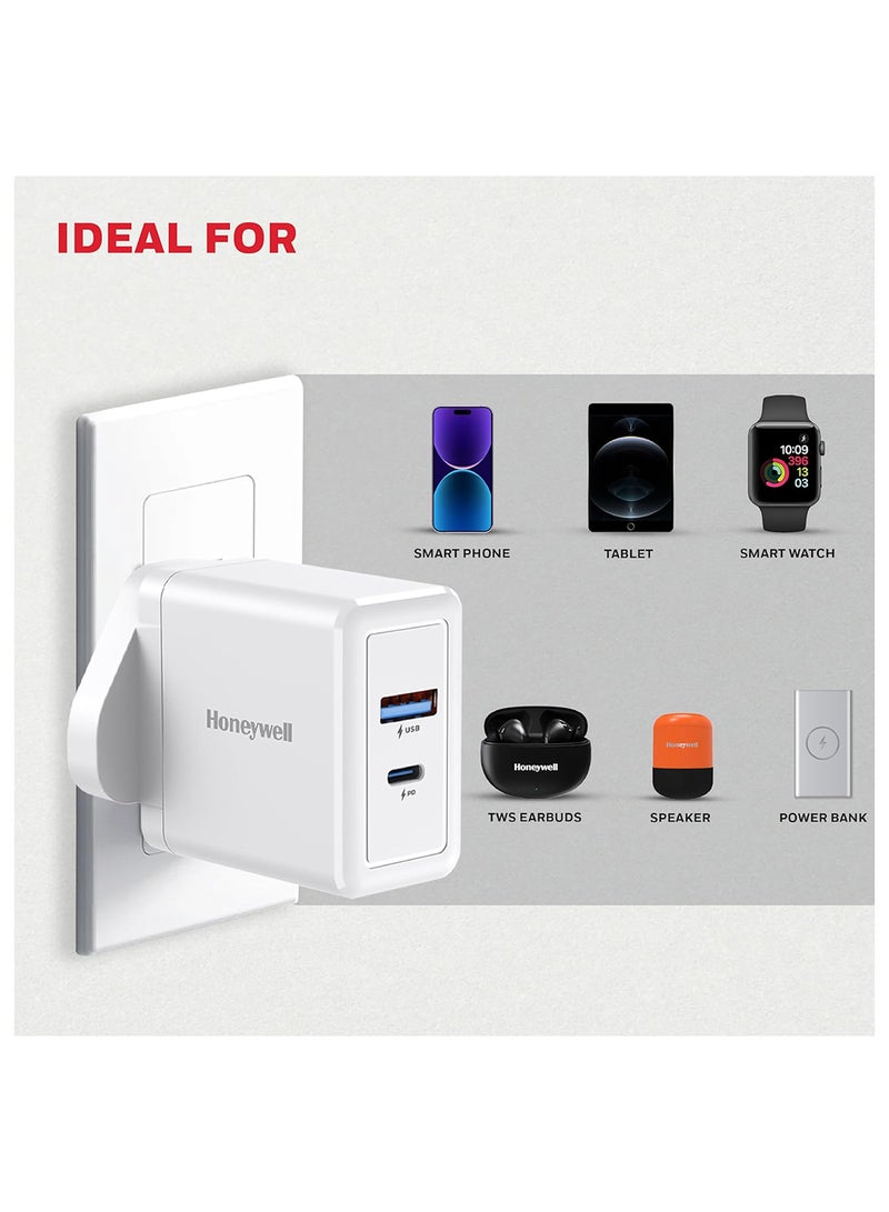 Honeywell - GaN 65W Ultra-Fast Laptop Charger With USB-C And USB A Ports For Laptop, Dell, HP, Macbook, Oneplus, iPhone 16/15/14, Google Pixel And Samsung Galaxy, 3 Yrs Manufacturer Warranty White - Image 1