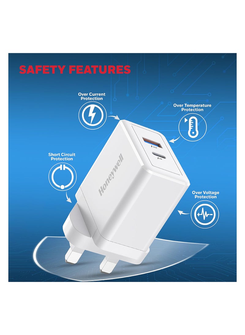 Honeywell - GaN 65W Ultra-Fast Laptop Charger With USB-C And USB A Ports For Laptop, Dell, HP, Macbook, Oneplus, iPhone 16/15/14, Google Pixel And Samsung Galaxy, 3 Yrs Manufacturer Warranty White - Image 1