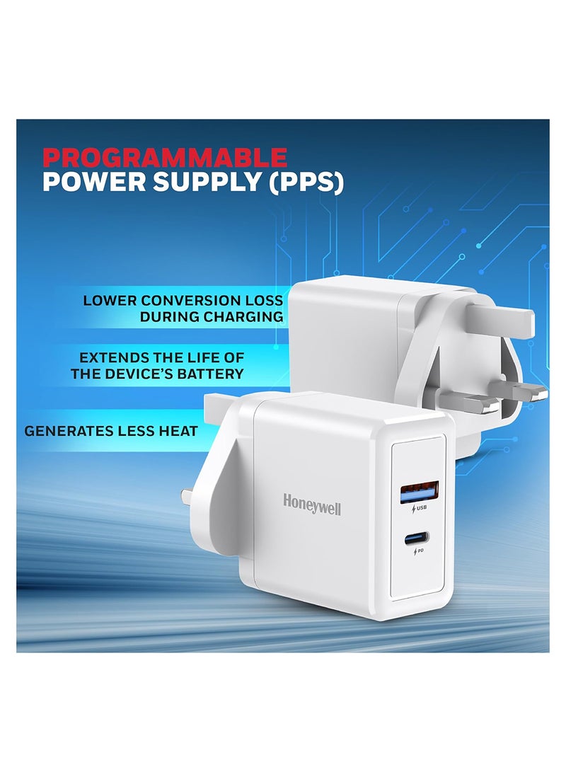 Honeywell - GaN 65W Ultra-Fast Laptop Charger With USB-C And USB A Ports For Laptop, Dell, HP, Macbook, Oneplus, iPhone 16/15/14, Google Pixel And Samsung Galaxy, 3 Yrs Manufacturer Warranty White - Image 1