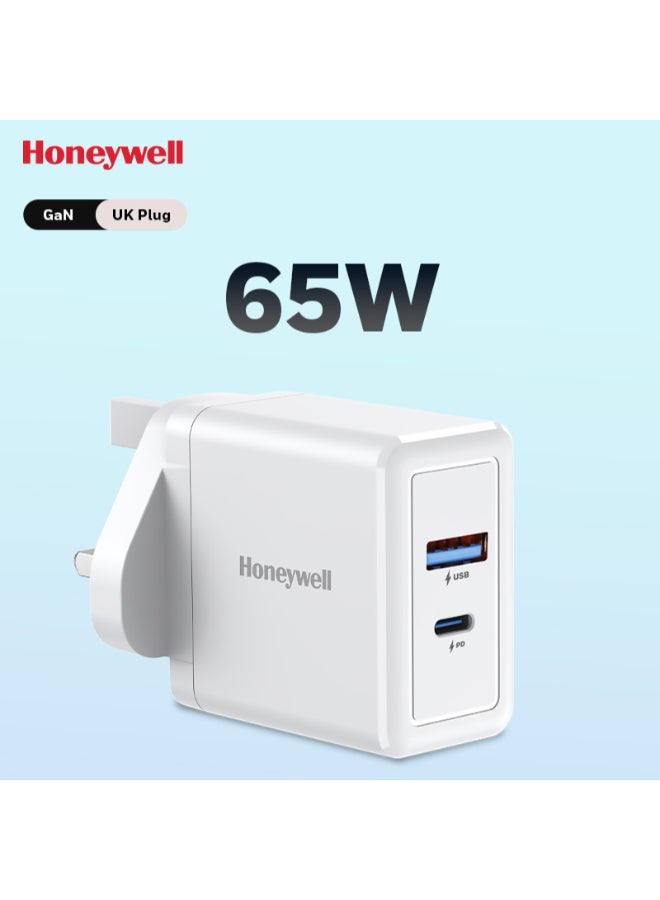 Honeywell - GaN 65W Ultra-Fast Laptop Charger With USB-C And USB A Ports For Laptop, Dell, HP, Macbook, Oneplus, iPhone 16/15/14, Google Pixel And Samsung Galaxy, 3 Yrs Manufacturer Warranty White - Image 1