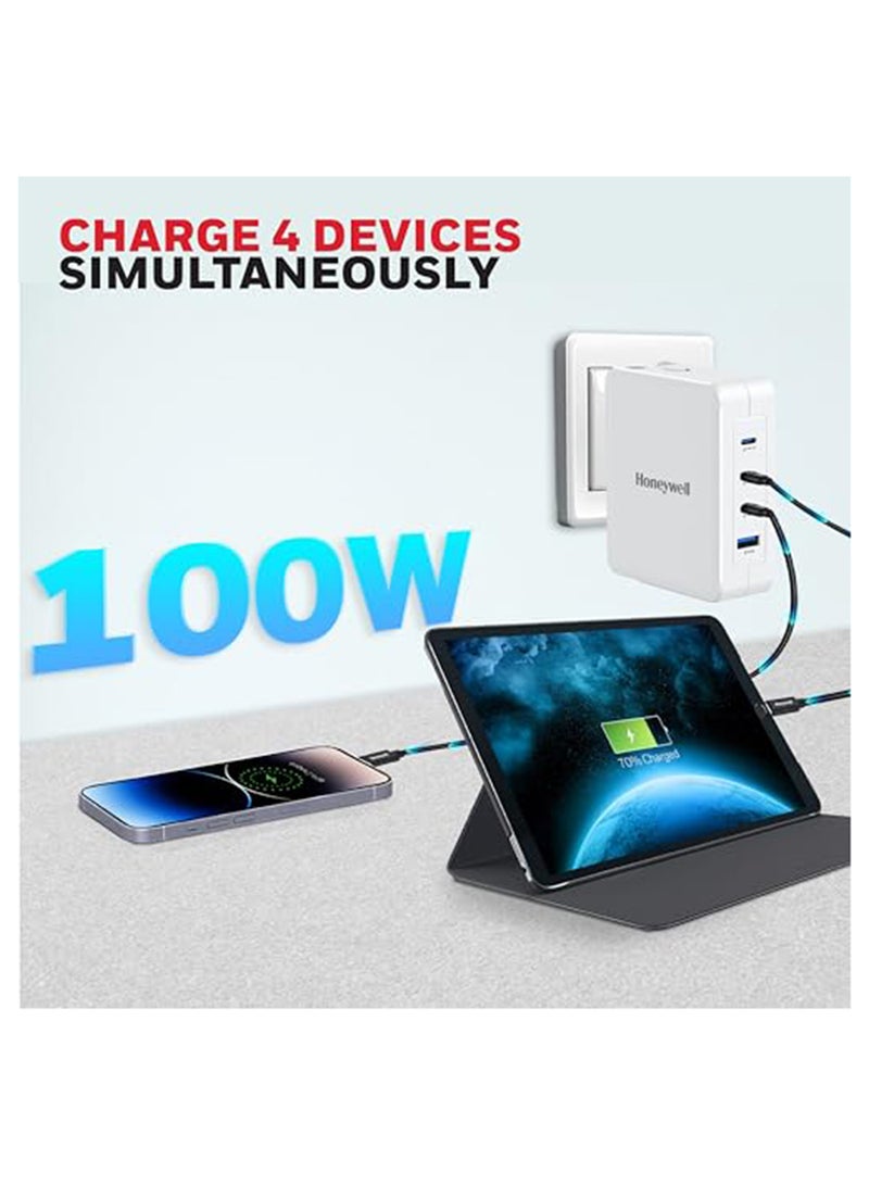 Honeywell - GaN 100W Ultra-Fast Laptop Charger 3x USB-C And USB For Laptop, Dell, HP, Macbook, ipad, Oneplus, iPhone 16/15/14/13/12/11, Google Pixel And Samsung Galaxy, 3 Yrs Manufacturer Warranty White - Image 1