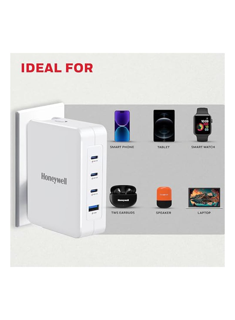 Honeywell - GaN 100W Ultra-Fast Laptop Charger 3x USB-C And USB For Laptop, Dell, HP, Macbook, ipad, Oneplus, iPhone 16/15/14/13/12/11, Google Pixel And Samsung Galaxy, 3 Yrs Manufacturer Warranty White - Image 1