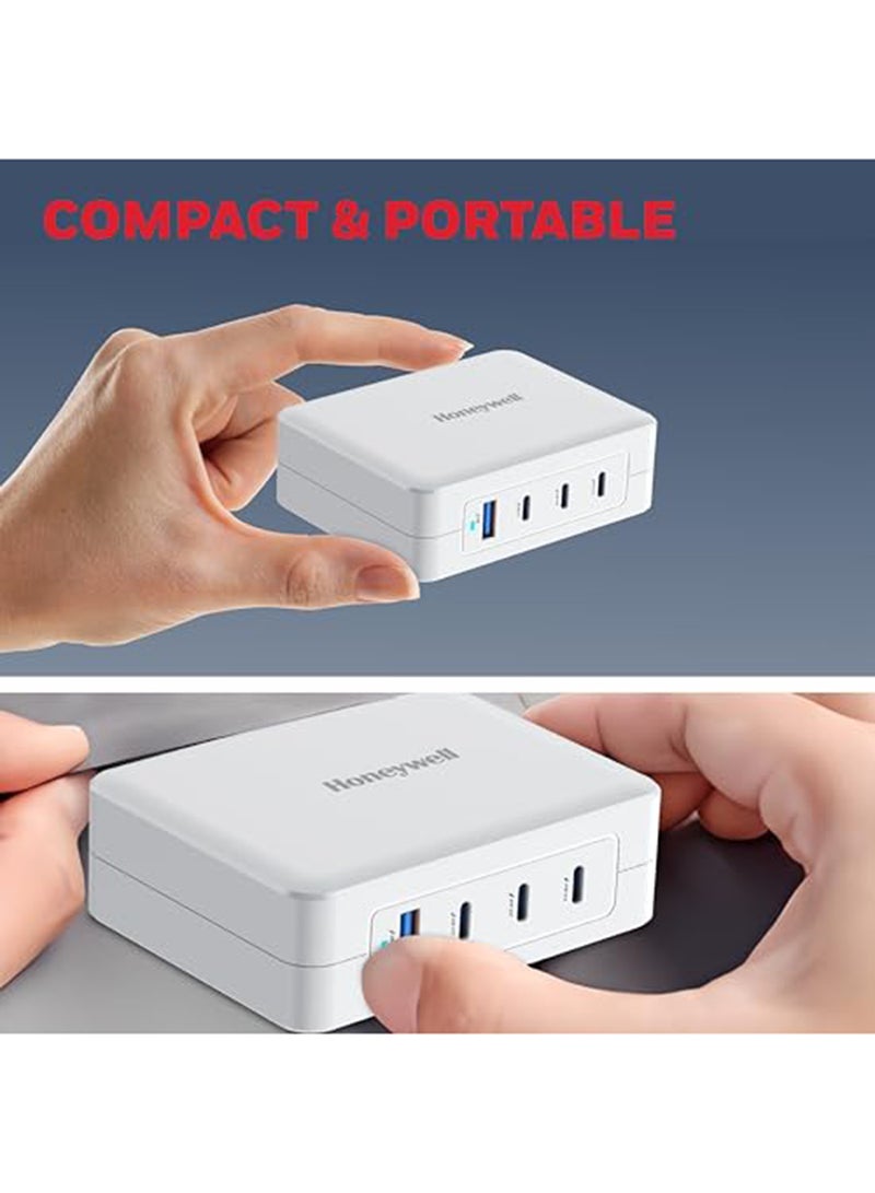 Honeywell - GaN 100W Ultra-Fast Laptop Charger 3x USB-C And USB For Laptop, Dell, HP, Macbook, ipad, Oneplus, iPhone 16/15/14/13/12/11, Google Pixel And Samsung Galaxy, 3 Yrs Manufacturer Warranty White - Image 1