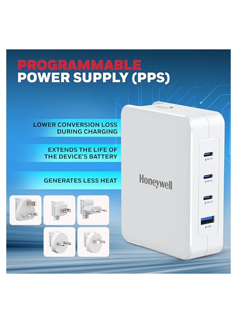 Honeywell - GaN 100W Ultra-Fast Laptop Charger 3x USB-C And USB For Laptop, Dell, HP, Macbook, ipad, Oneplus, iPhone 16/15/14/13/12/11, Google Pixel And Samsung Galaxy, 3 Yrs Manufacturer Warranty White - Image 1