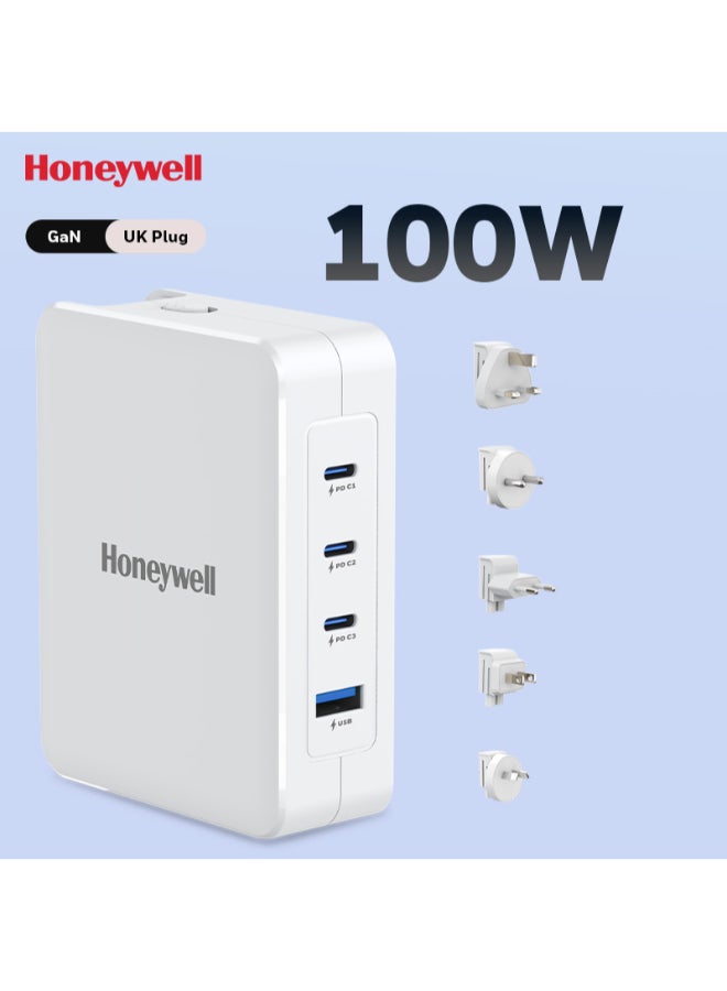 Honeywell - GaN 100W Ultra-Fast Laptop Charger 3x USB-C And USB For Laptop, Dell, HP, Macbook, ipad, Oneplus, iPhone 16/15/14/13/12/11, Google Pixel And Samsung Galaxy, 3 Yrs Manufacturer Warranty White - Image 1
