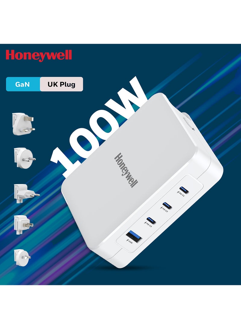 Honeywell - GaN 100W Ultra-Fast Laptop Charger 3x USB-C And USB For Laptop, Dell, HP, Macbook, ipad, Oneplus, iPhone 16/15/14/13/12/11, Google Pixel And Samsung Galaxy, 3 Yrs Manufacturer Warranty White - Image 1
