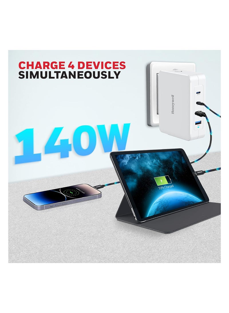 Honeywell GaN 140W Ultra-Fast Laptop Charger 2x USB-C And 2x USB For Laptop, Dell, HP, Macbook, Oneplus,ipad, iPhone 16/15/14/13/12/11, Google Pixel And Samsung Galaxy, 3 Yrs Manufacturer Warranty White - Image 3