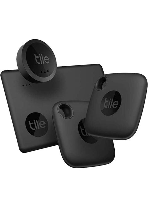 Essentials 2022 Bluetooth Item Finder Set - 4 Pack 2 Black Mates, 1 Slim, 1 Sticker, Works With Alexa And Google Smart Home, iOS And Android Compatible, Find Your Keys, Wallets, Remotes And More Multicolor