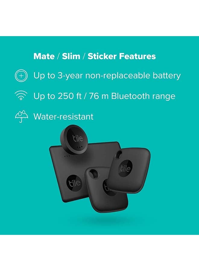 tile - Essentials 2022 Bluetooth Item Finder Set - 4 Pack 2 Black Mates, 1 Slim, 1 Sticker, Works With Alexa And Google Smart Home, iOS And Android Compatible, Find Your Keys, Wallets, Remotes And More Multicolor - Image 1