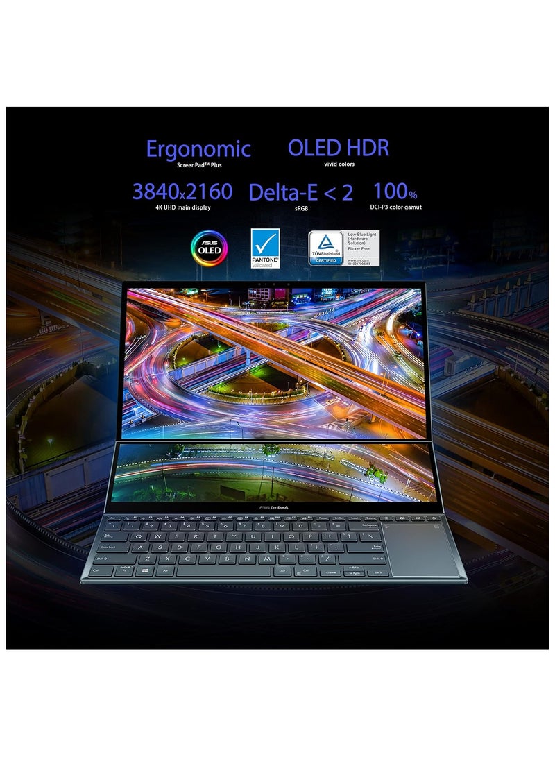 ASUS - Zenbook Pro Duo 15 Laptop With 15.6-Inch Display +14” Screenpad Plus Core i9-12900H Processor/32GB RAM/TB SSD/8GB NVIDIA Geforce RTX 3070Ti Graphics Card/Windows 11 English Calestial Blue - Image 1