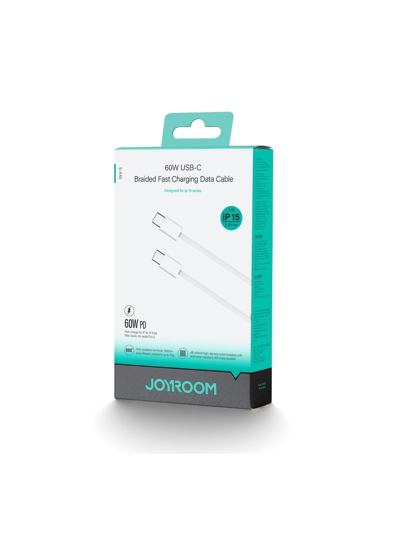 JOYROOM S-A45 Ben Series Braided 60W Type-C to Type-C Fast Charging Data Cable, 1m - White - Image 2