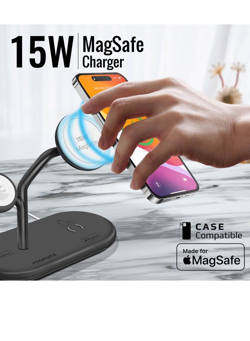 PROMATE - Magsafe Charging Station With 15W Mfm Charging Stand, 7.5W Mfi  Watch Charger, 10W Qi Charging Pad, And Super Charge 24W Usb-c Power Delivery Port, For Airpods , Iphone, Synergy-Pro Black - Image 1