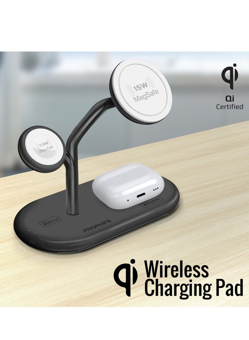 PROMATE - Magsafe Charging Station With 15W Mfm Charging Stand, 7.5W Mfi  Watch Charger, 10W Qi Charging Pad, And Super Charge 24W Usb-c Power Delivery Port, For Airpods , Iphone, Synergy-Pro Black - Image 1