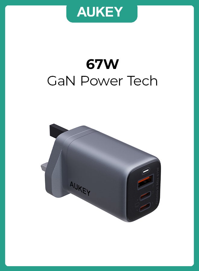 Aukey 3-Port PD Wall Charger With GaN Power Tech 67W Gray - Image 1