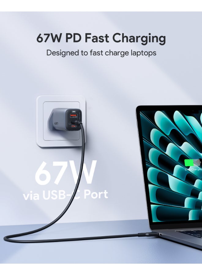 Aukey 3-Port PD Wall Charger With GaN Power Tech 67W Gray - Image 2