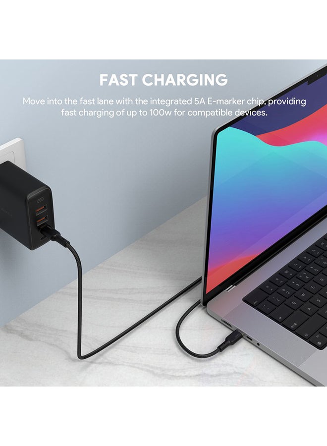 Nylon Braided USB-C To USB-C Cable With Kevlar Core 1.8M 100W Black