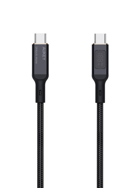 كابل USB-C إلى USB-C مجدول من النايلون مع شاشة LCD بطول 1 متر وقوة 100 وات باللون الأسود