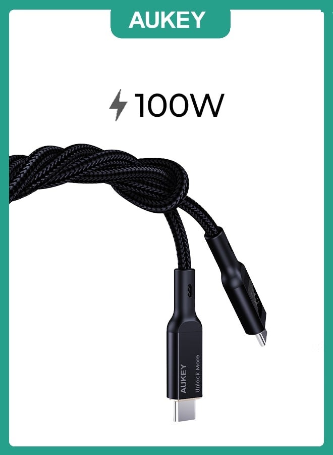 Aukey Nylon Braided USB-C To USB-C Cable With LCD Display 1M 100W Black - Image 1