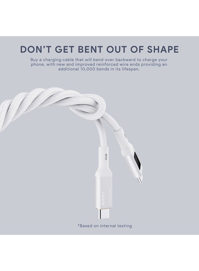 Nylon Braided USB-C To USB-C Cable With LCD Display 1M 100W White